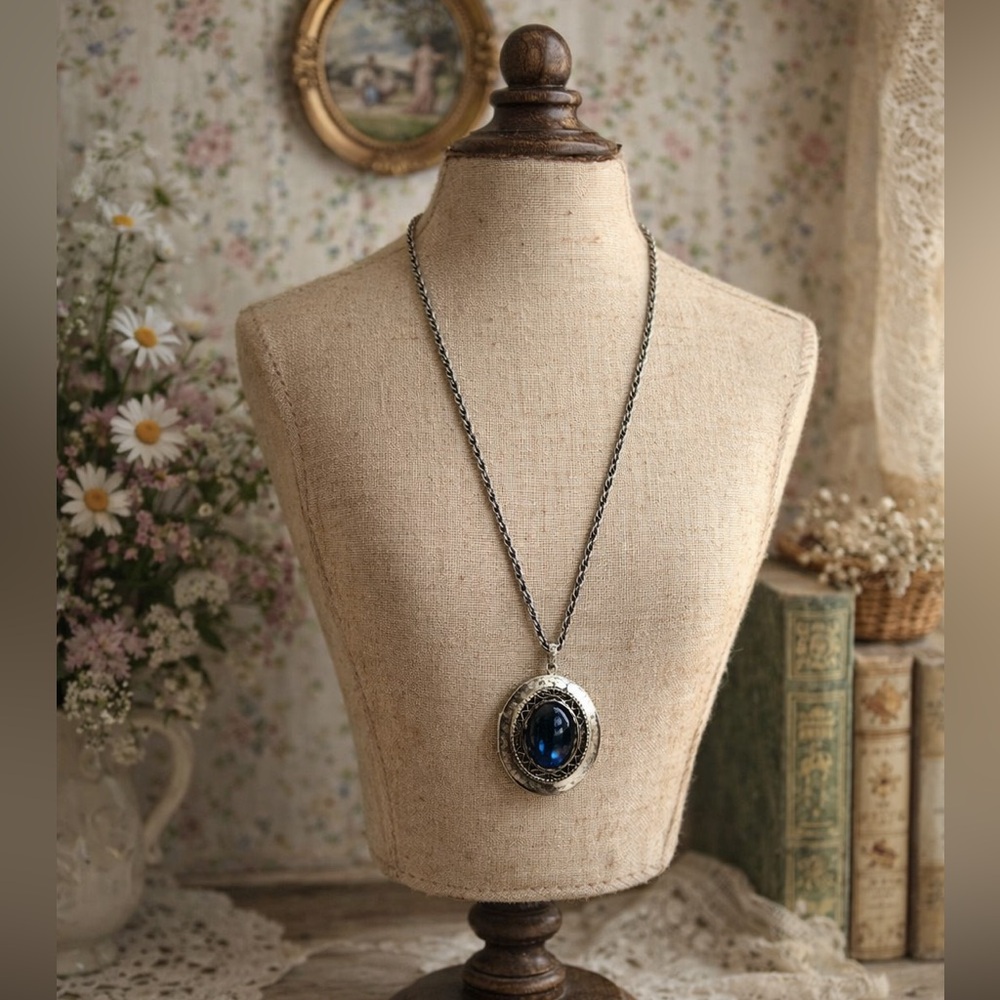 Vintage Locket Pendant in an Elegant Silver Tone and Blue Faux Stone Necklace